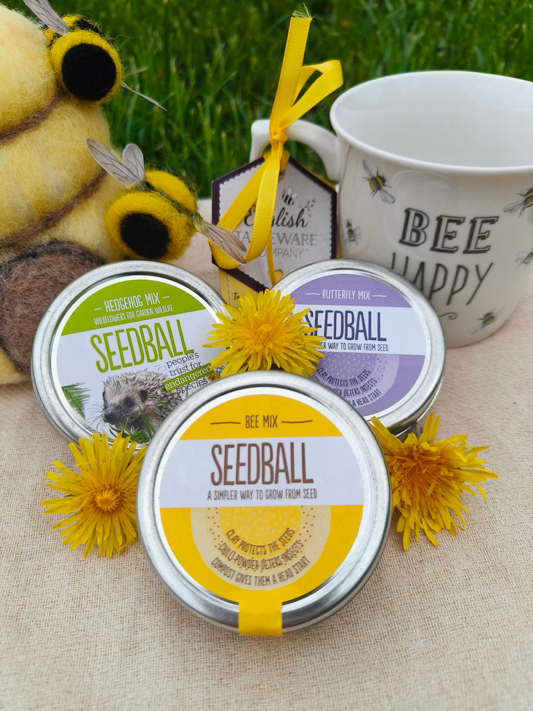 Three small tins of seeds to Bees, Butterflies and Hedgehogs, with a Mug quoting "Bee" happy, in reference to the insect "bee".