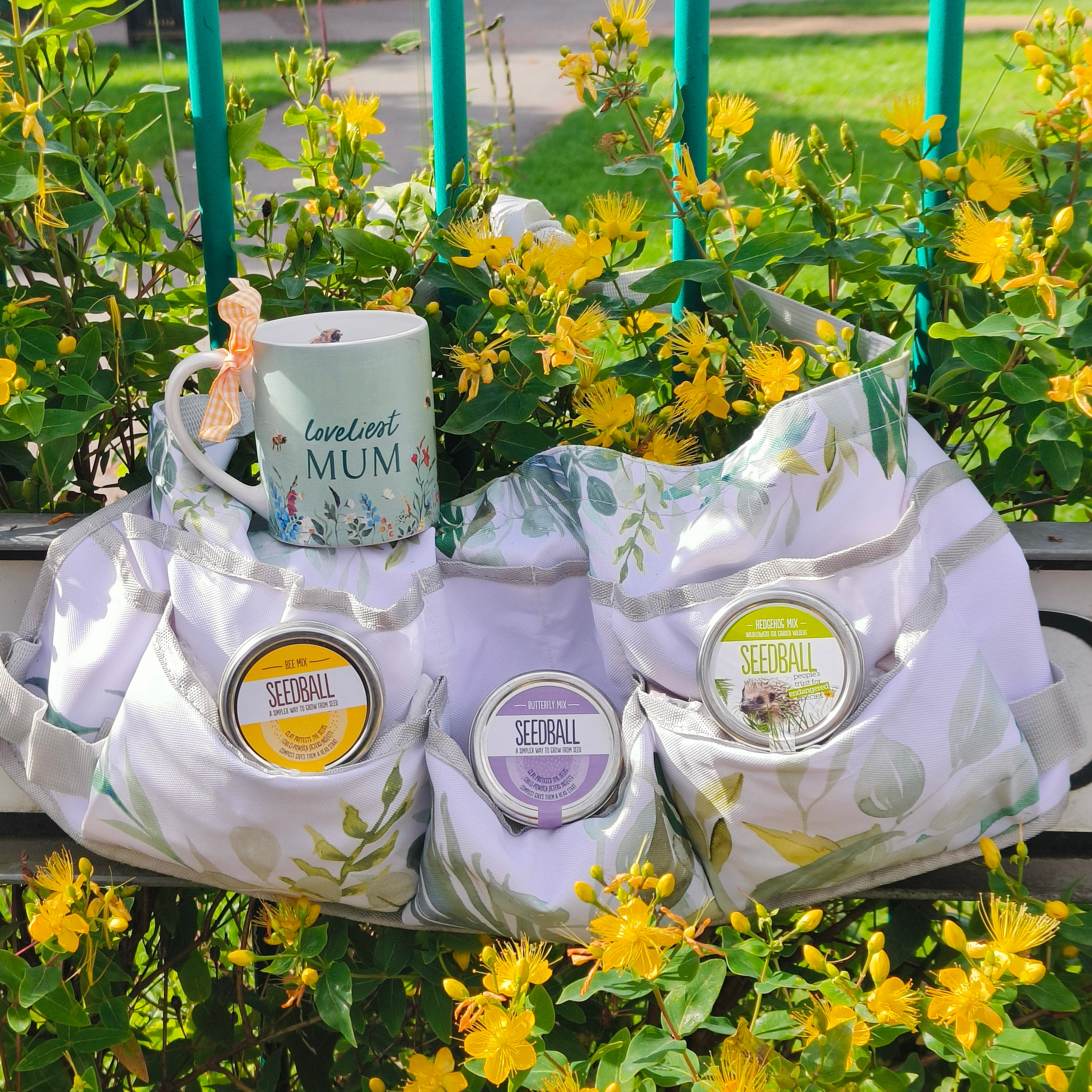 Three small tins of seeds to Bees, Butterflies and Hedgehogs, with a Mug quoting "Bee" happy, in reference to the insect "bee".